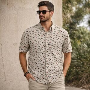 Columbia Fly Fishing Lure Print Shirt Men’s L Beige Short Sleeve Button Down